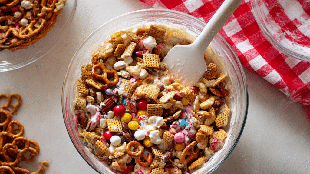 Close-up shot from an overhead perspective, capturing the scene of a person preparing a sweet snack mix in a clear glass bowl.
The mix is a colorful combination of cereal, pretzels, candies, nuts, and melted white chocolate that gently coats the ingredients.
A white spatula is being used to stir everything together, adding a sense of movement to the composition.
In the background, a red and white checkered cloth adds a touch of traditional kitchen charm, while another empty clear glass bowl suggests the next step in the recipe.
The image is well-lit, highlighting the vibrant colors, the creamy sheen of the white chocolate, and the textures of the sweet and salty mix against a neutral kitchen countertop backdrop.