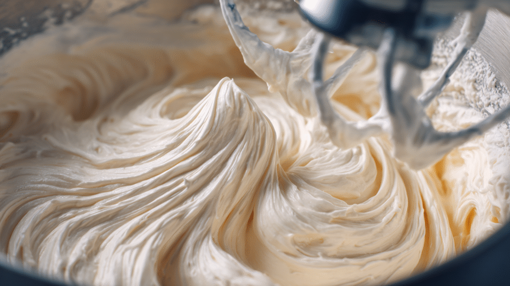 Cream cheese and sugar being whipped to smooth texture, creamy close-up, electric mixer in motion