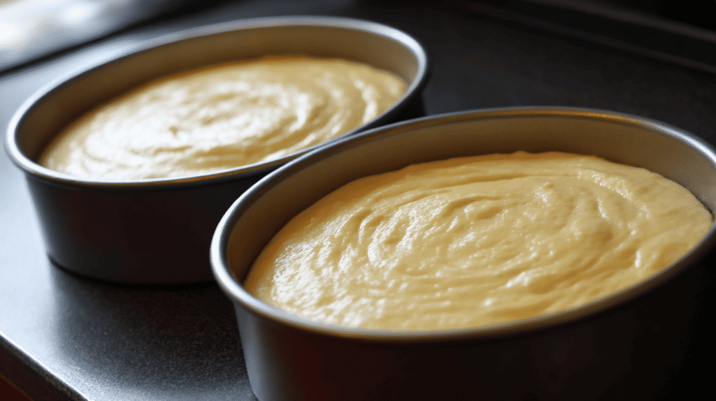 Divide the batter evenly between the prepared pans, smoothing the tops with a spatula. This ensures even baking.