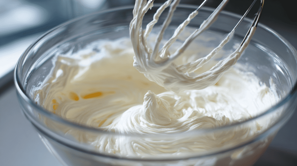 In the chilled bowl, beat the heavy whipping cream, powdered sugar, and vanilla extract on medium-high speed until stiff peaks form. This means when you lift the beaters, the peaks hold their shape. Be careful not to overbeat, or you'll end up with butter!