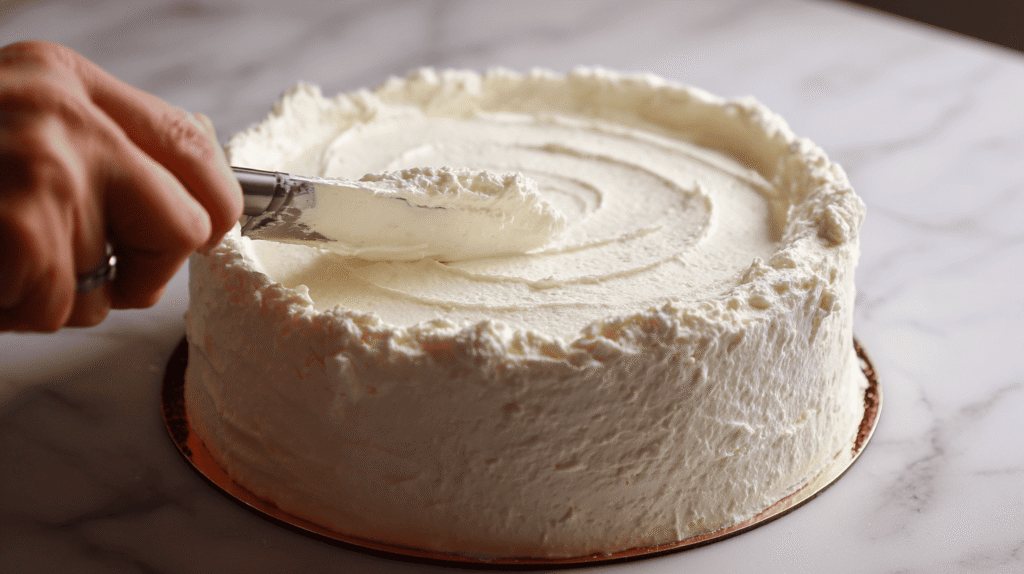 Place the second cake layer on top and spread the remaining whipped cream over the top and sides of the cake, smoothing it out with a spatula for an even finish.