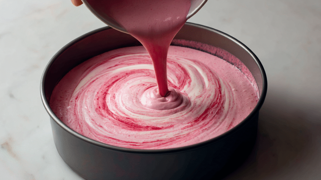 Pouring pink cheesecake batter into pan, raspberry puree swirl added on top, swirl pattern forming