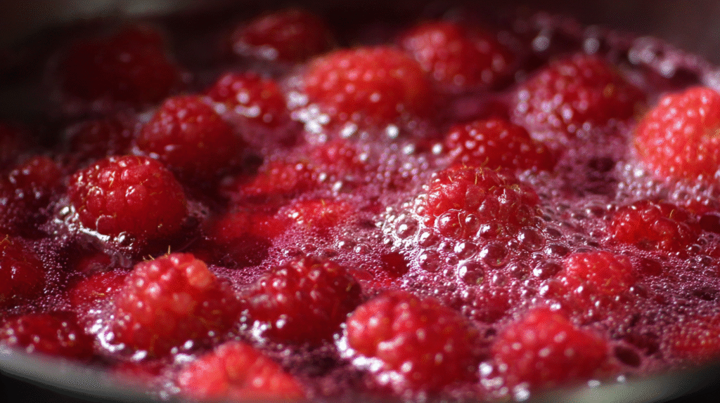 Raspberries, sugar, and lemon cooking into sauce in saucepan, bubbling slow-mo macro shot