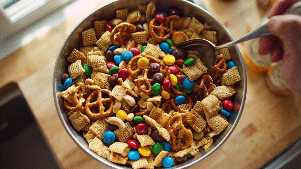 large mixing bowl filled with Rice Chex cereal, mini pretzels, peanuts, and colorful M&Ms, person tossing ingredients with a spoon, top-down view, bright and clean kitchen, natural light, 
