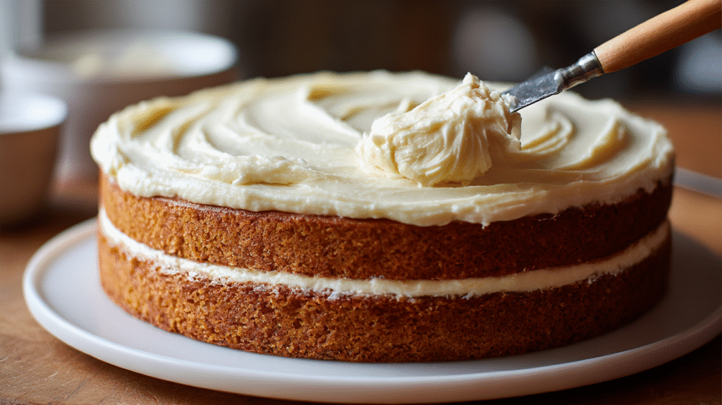spreading cream cheese frosting on cooled carrot cake layer, another layer on top, smooth frosting sides and top, realistic home kitchen, soft natural light, close-up, high detail