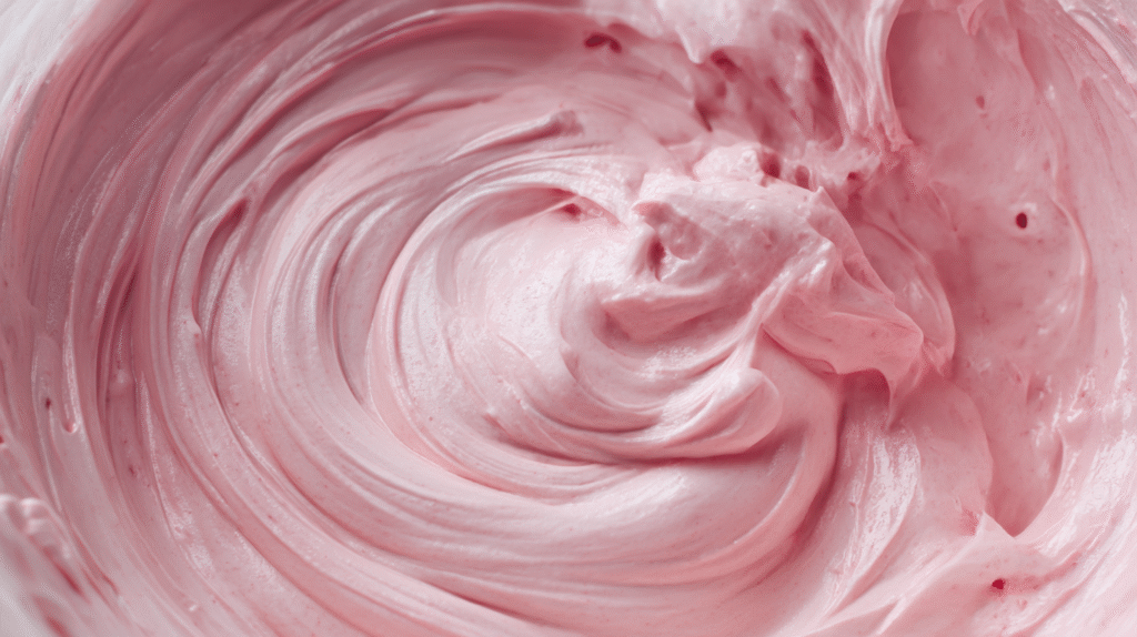whipped cream being gently folded with raspberry purée to create pink mousse, creamy airy texture, close-up overhead shot, smooth pastel colors, ultra realistic food styling