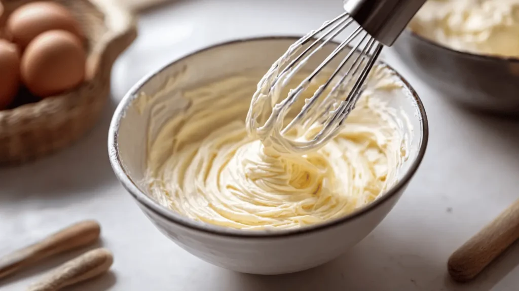 Beat the cream cheese until it’s completely smooth. Add the sugar, eggs, vanilla, sour cream, and cornstarch, then mix again until the filling is creamy and well blended.