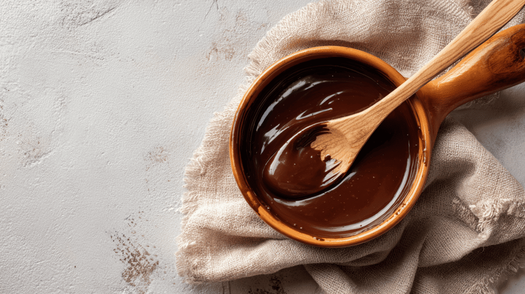 Make the topping: Heat the heavy cream in a small saucepan until it starts to simmer. Take it off the heat and add the dark chocolate chips, stirring until smooth and shiny.