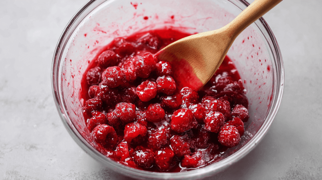 Prepare the filling: In a medium saucepan, add the raspberries, sugar, lemon juice, and cornstarch. Cook over medium heat, stirring often, until the raspberries soften and the mixture thickens, about 5–7 minutes.