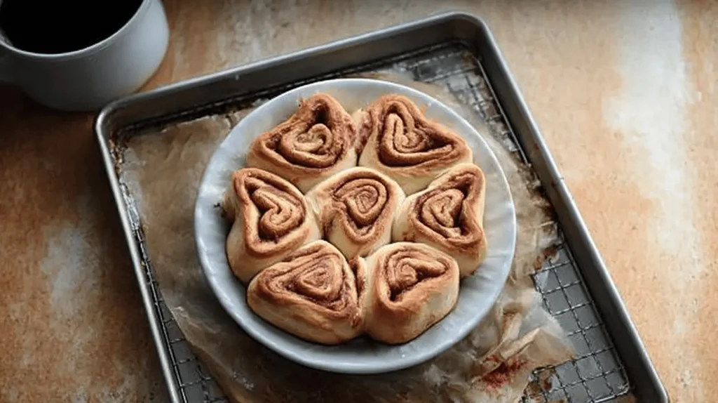 While they bake, whisk together powdered sugar, milk, and vanilla to make a smooth icing.
Once the rolls come out of the oven, let them cool slightly, then drizzle the icing on top.
Serve warm and enjoy these soft, sweet heart-shaped cinnamon rolls—perfect for sharing with someone you love.