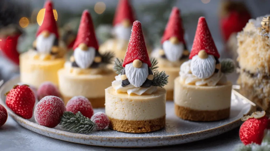 Melt the white chocolate and tint it with your favorite colors. Shape tiny hats, add a pink candy melt for the nose, and finish with sprinkles or edible glitter to bring your little gnomes to life.