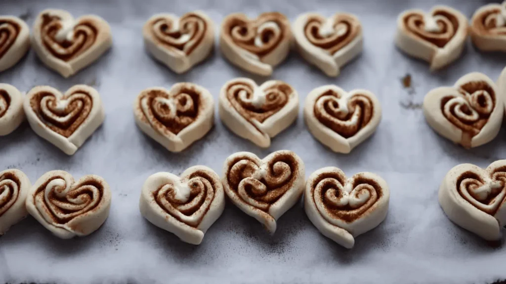 Roll the dough tightly from the long side to form a log. Slice the log into pieces about 1 inch thick.
To shape each roll into a heart, pinch the bottom to make a point, then gently press the two upper edges down to form the top of the heart.
