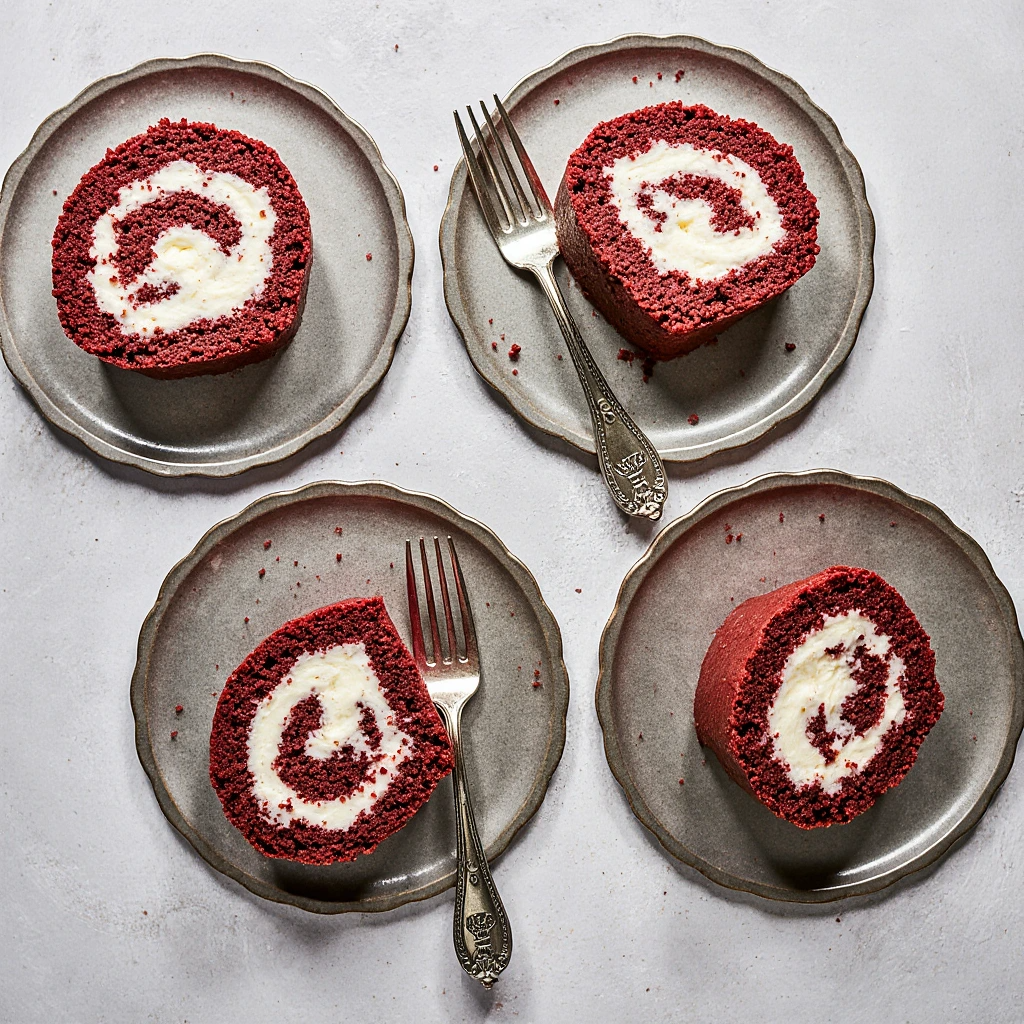 “Red Velvet Cake Roll on a dessert table, beautifully sliced, showcasing its vibrant red swirl and creamy interior.”