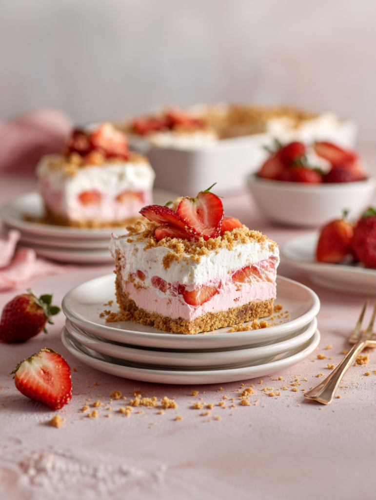 Strawberry dessert lasagna with creamy mascarpone layers and fresh strawberries on top”