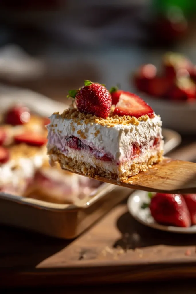 No-bake strawberry dessert lasagna served in a glass dish, topped with sliced strawberries”