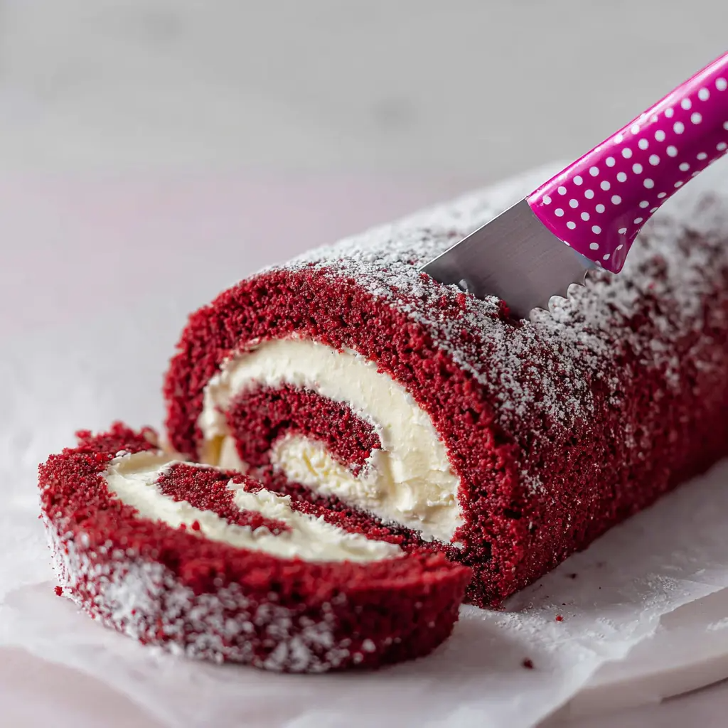 “Close-up of a perfectly rolled Red Velvet Cake Roll with smooth cream cheese filling, ready to serve.”