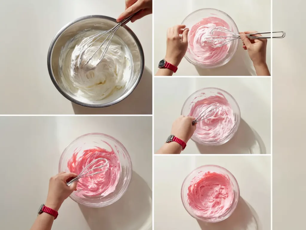 “Egg whites being whisked until light and foamy, with cream of tartar added for stability.”