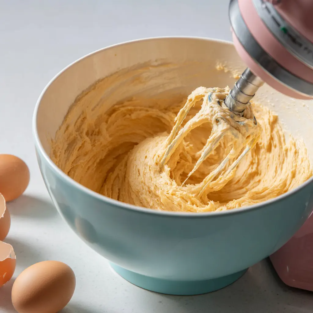 “Butter and sugar beaten together until light and creamy in a large bowl.”