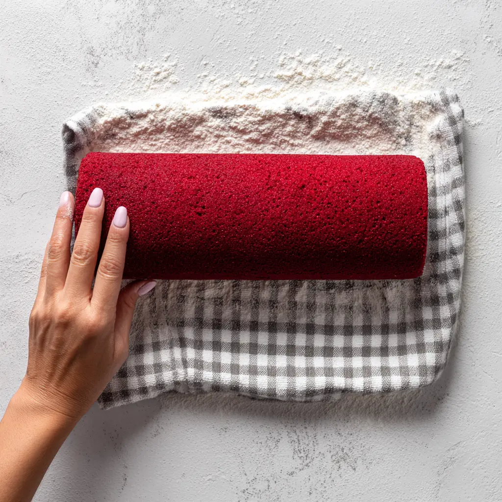 “Rolling the warm cake with a powdered sugar-dusted kitchen towel to prevent cracks.”