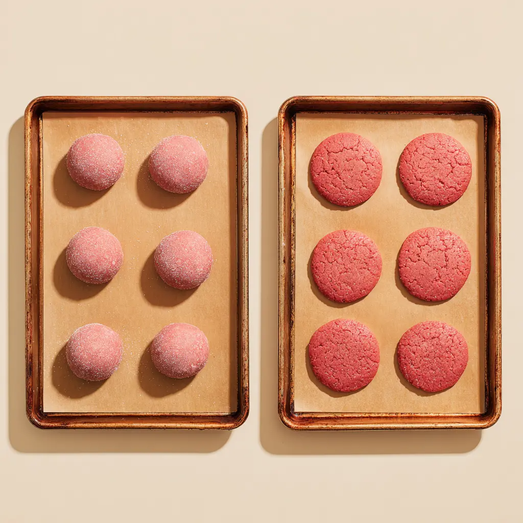 “Strawberry cookies baking in the oven until edges are golden and centers soft.”