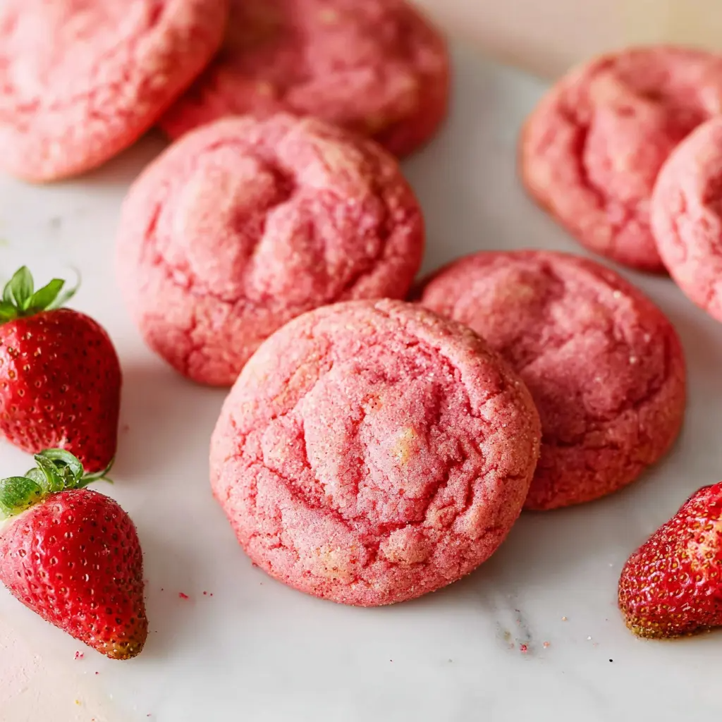 “Freshly baked strawberry cookies on parchment paper, perfect for dessert or snack.”
