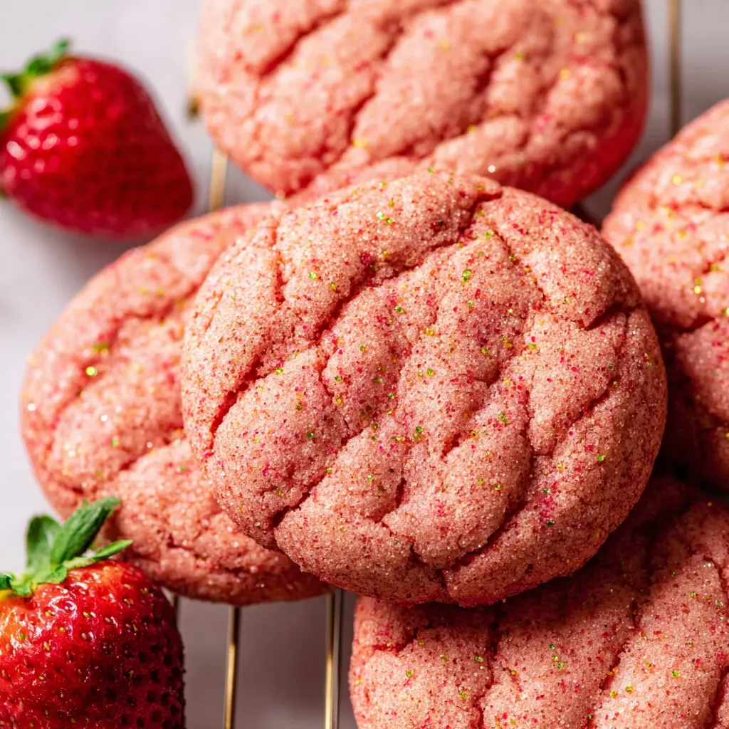 “Delicious homemade strawberry cookies with chunks of fresh strawberries on a cooling rack.”