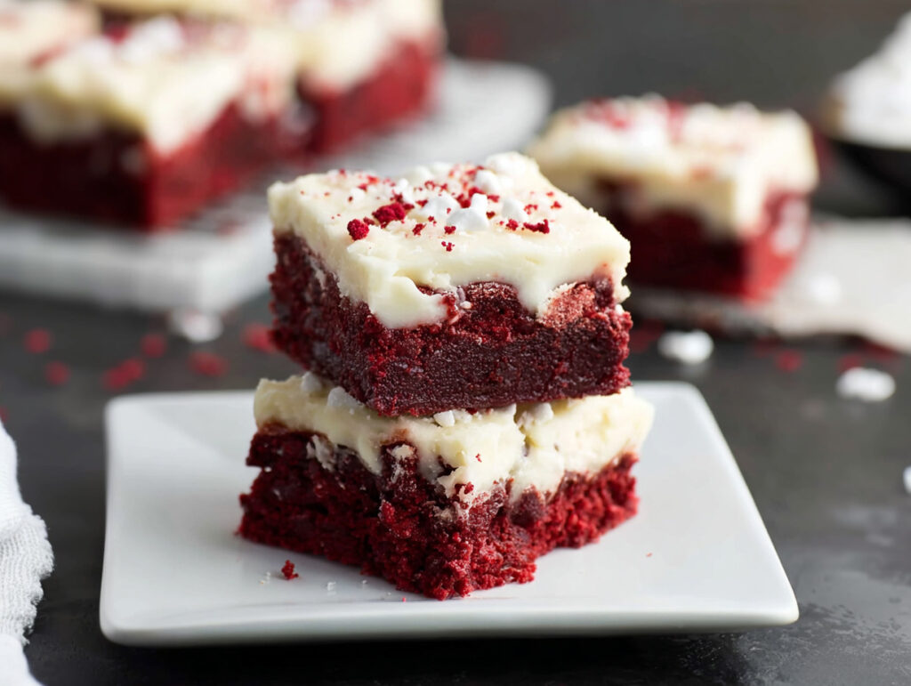“Soft, creamy red velvet layer bars with a rich cream cheese topping, cut into neat squares and ready to serve.”