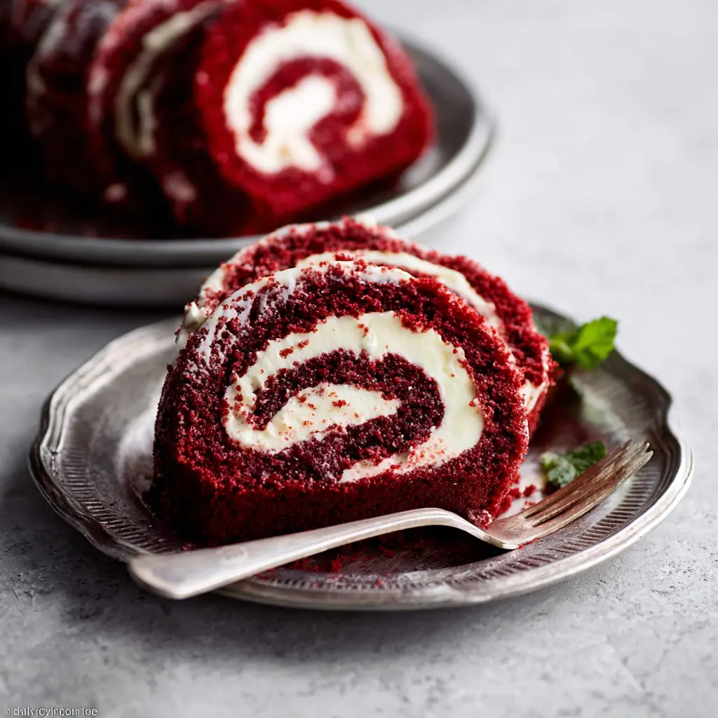 “Homemade Red Velvet Cake Roll sliced, showing vibrant red spiral with creamy filling, dusted with powdered sugar on a serving plate.”