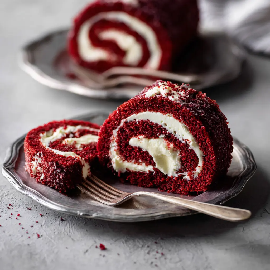 “Sliced red velvet cake roll showing a vibrant red spiral with creamy cream cheese filling, lightly dusted with powdered sugar.”