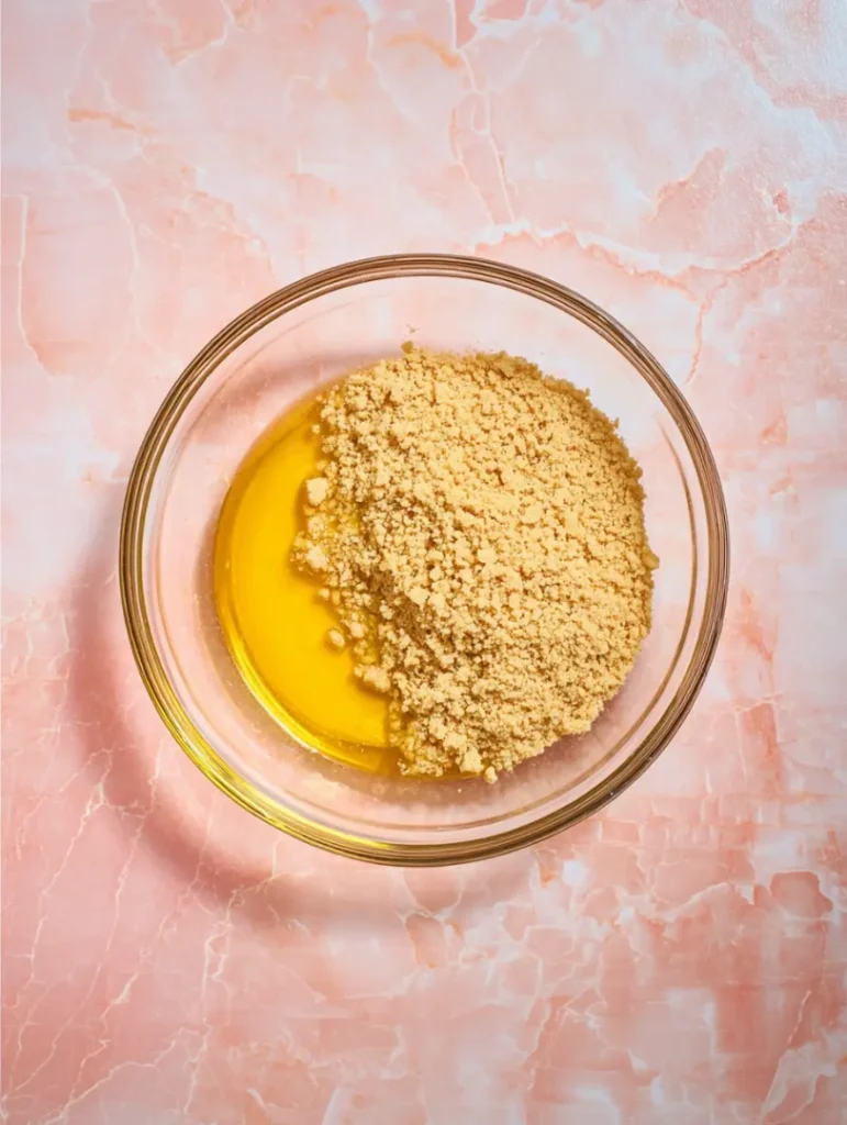 Crushed graham crackers mixed with melted butter in a bowl”