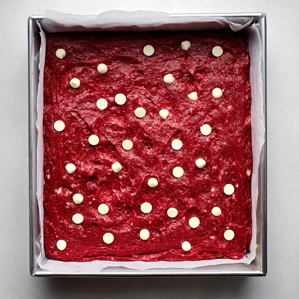 Pour the red velvet batter into the prepared pan and spread it evenly.