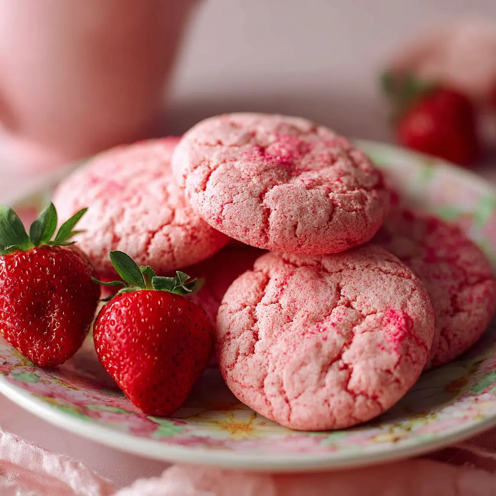 “Freshly baked soft and chewy strawberry cookies with juicy strawberry pieces, ”