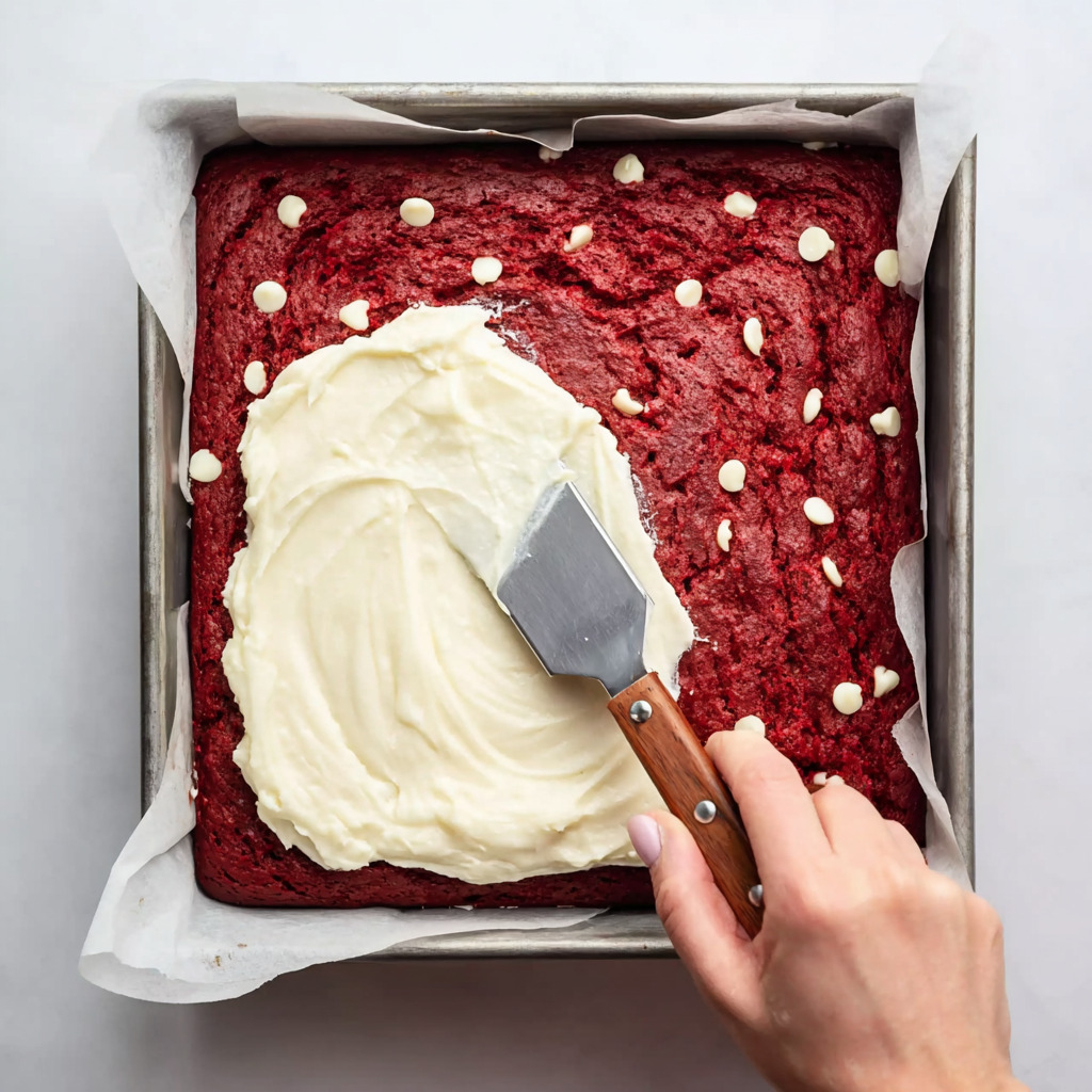 Carefully spread the cream cheese mixture over the red velvet layer, keeping the layers separate.