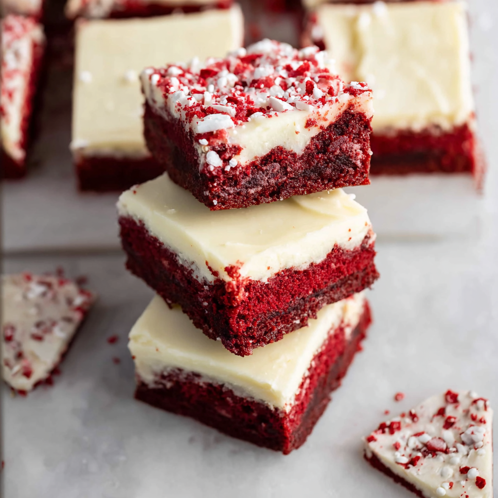 “Irresistible red velvet bars with a creamy topping, served chilled on a dessert plate, perfect for sweet lovers.”