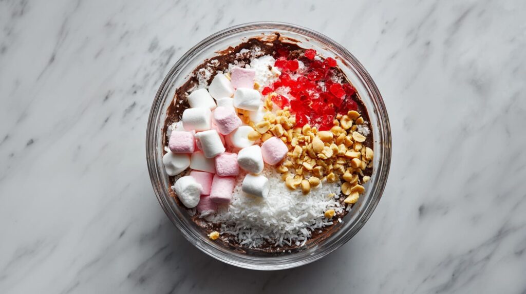 Adding marshmallows to Rice Bubble Rocky Road mixture