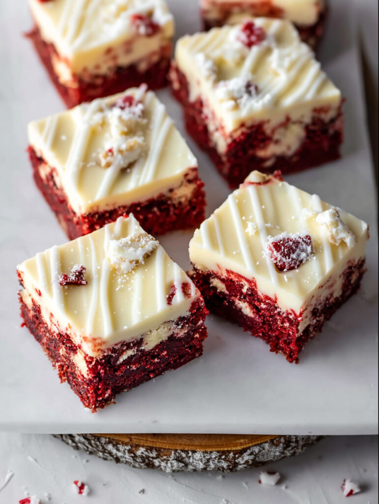 “Homemade red velvet layer bars, soft and moist, topped with luscious cream cheese and cut into squares.”